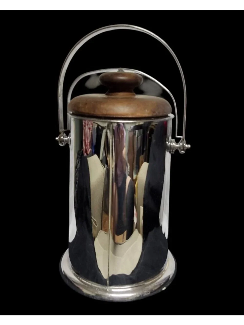 Vintage Manning-Bowman Art Deco Chrome Ice Bucket Walnut Lid Rare Double Handle
